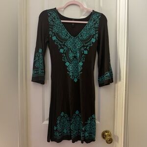 VOLL Brown & Turquoise Embroidered Long Sleeve Dress. Size Small